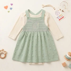 MOMSY 2-Piece Celestial Knit Pinafore Dress & Ribbed Onesie Set – Sage Green