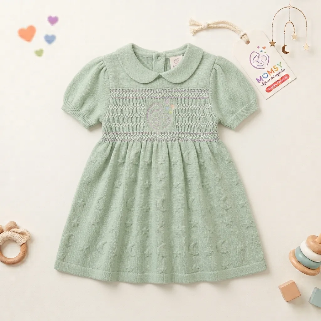 MOMSY 2-Piece Celestial Knit Pinafore Dress & Ribbed Onesie Set – Sage Green - Image 3